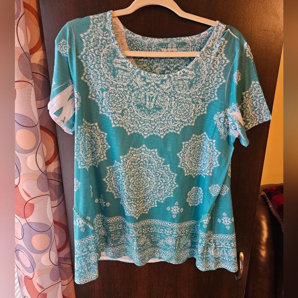 Kim Rogers Teal Mandala Short Sleeve Top Size Medium